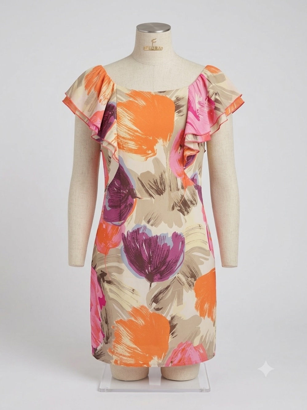 BCBGMaxAzria Floral Midi Dress in Orange, Pink, Purple, Cream